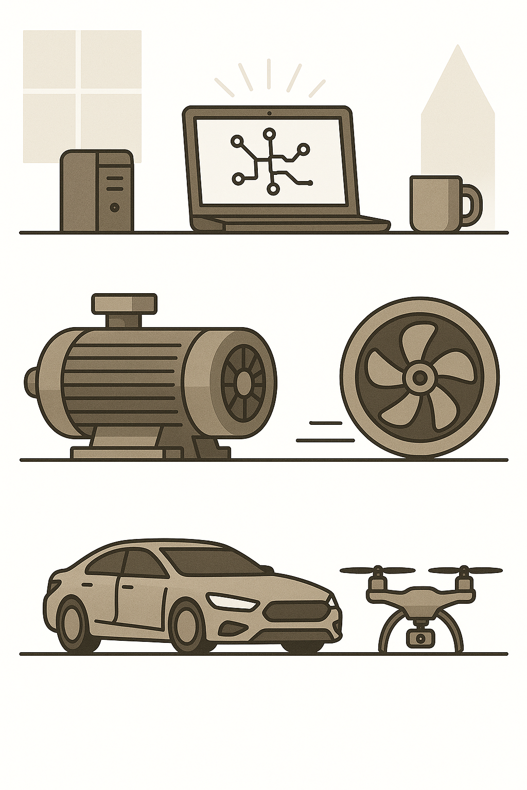 Illustrations representing HVAC, Automotive, and Aerospace domains